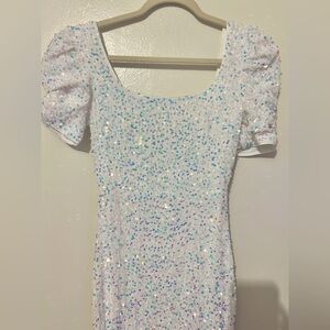 Sequin White Formal Dress with Puff Sleeves XS
